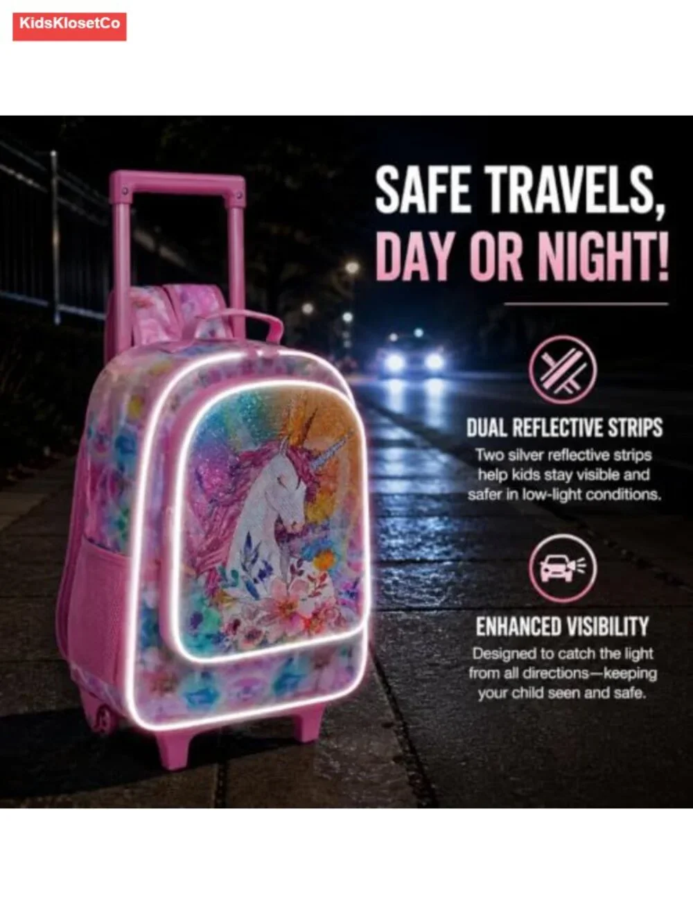 Rolling Backpack for Girls, Kids Unicorn Luggage with Wheels, 3-Piece Set with